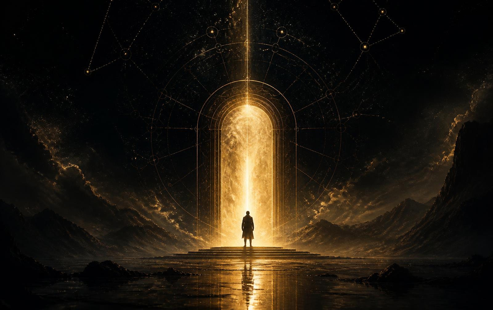 A figure standing before a glowing golden threshold beneath a starlit sky